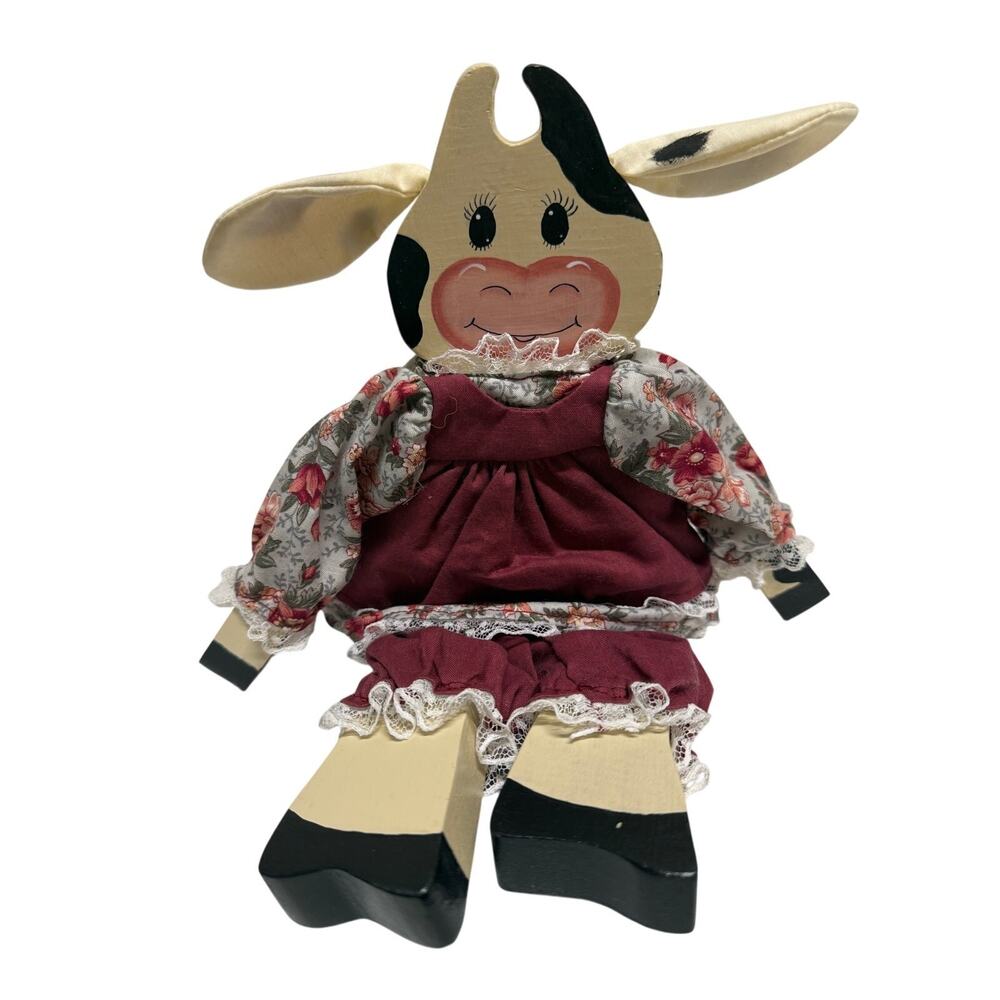 SKU3199 Vintage Handmade 1970s Cow Doll 14.5" Shelf Sitter in Dress